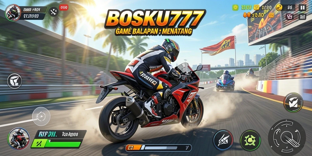 Screenshot gameplay BOSKU777 dengan motor balap cepat.