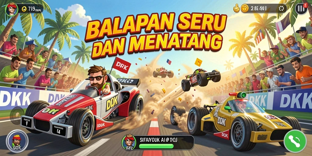 Tampilan menarik dari gameplay DKK dengan mobil balap yang memukau.