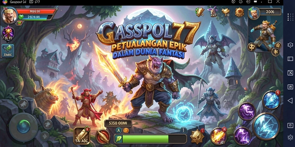 Tampilan gameplay GASPOL77 dengan karakter berpetualang di dunia fantasi.