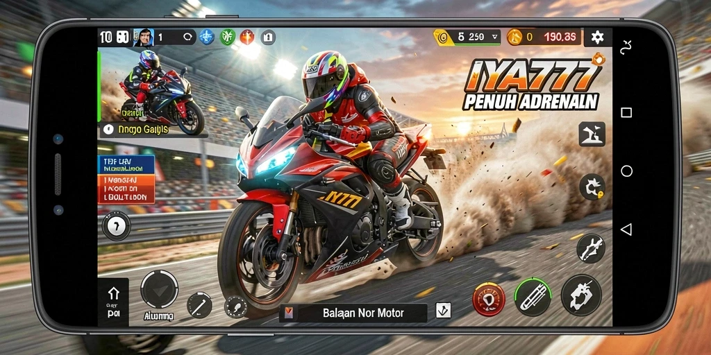 Screenshot gameplay menampilkan aksi balapan motor yang mendebarkan.