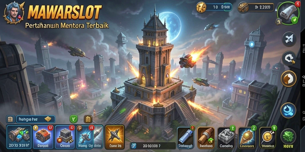 Gameplay intens MAWARSLOT dengan menara bertahan dari gelombang musuh.