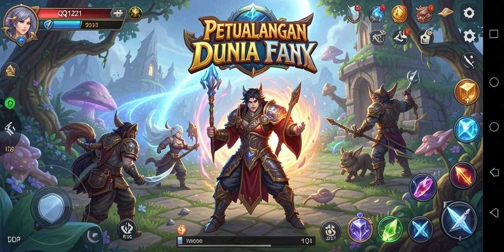 Screenshot gameplay QQ1221 menunjukkan karakter menjelajahi hutan fantasi.