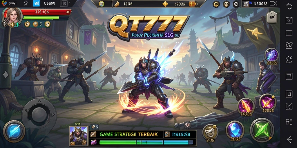 Tangkapan layar gameplay QT777 menampilkan pertempuran epik dan manajemen kerajaan.