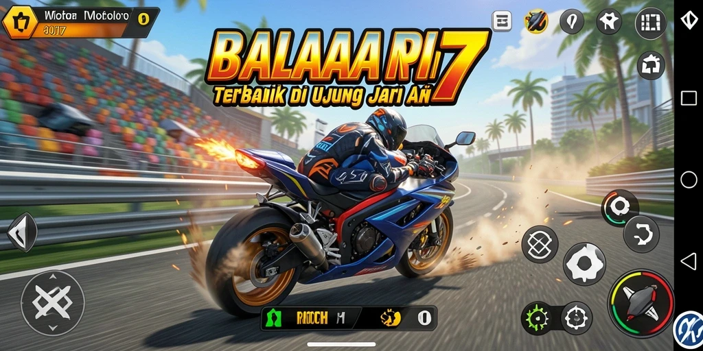 Screenshot gameplay RICH7 yang menunjukkan aksi balapan motor yang mendebarkan.