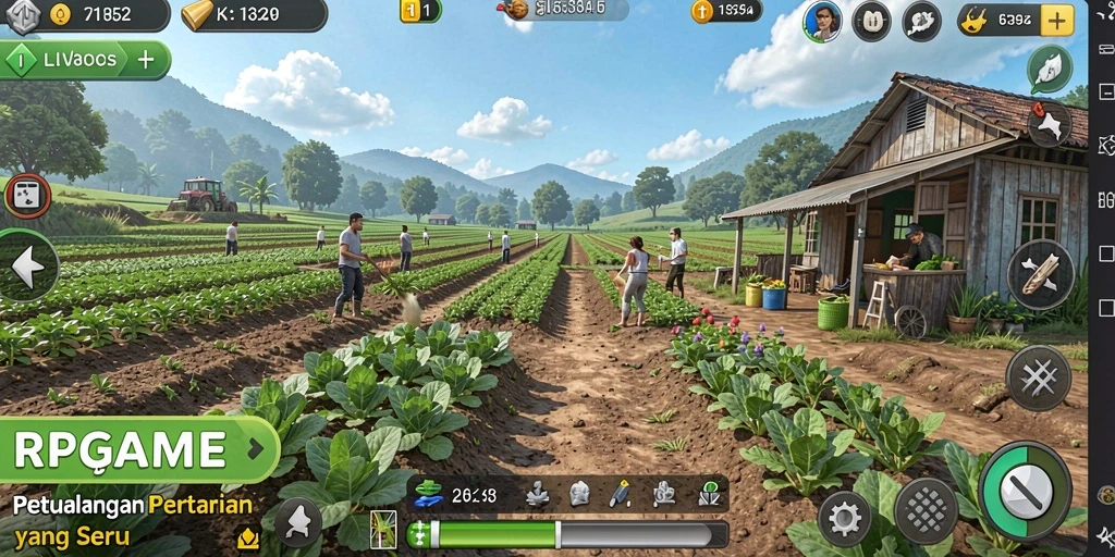 Tampilan gameplay RPGAME dengan berbagai tanaman dan hewan di ladang.