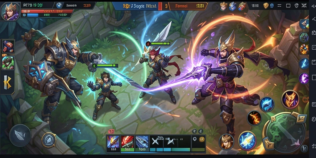 Screenshot gameplay <strong>RR789</strong> dalam aksi pertarungan tim MOBA.