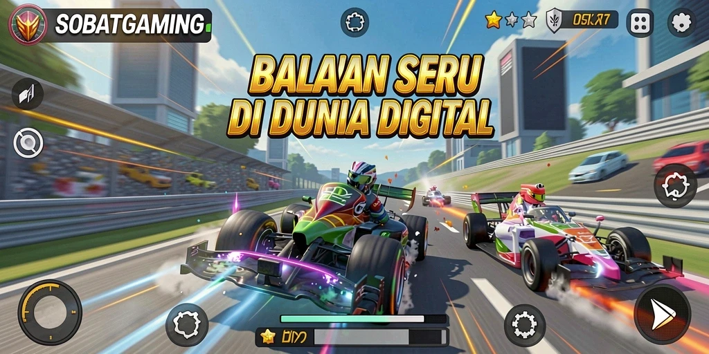 Tangkapan layar utama menunjukkan aksi balapan seru di SOBATGAMING.