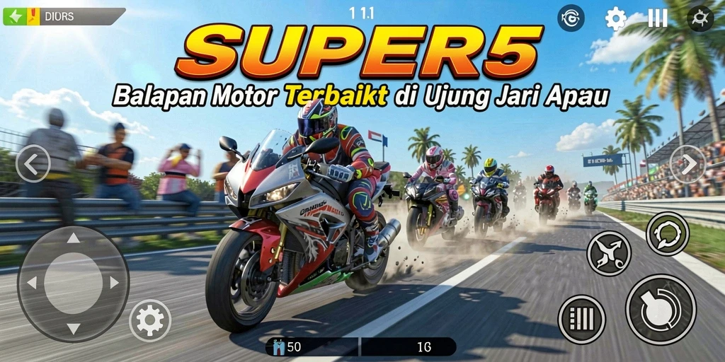Tampilan gameplay menegangkan dari balapan motor di SUPER5.