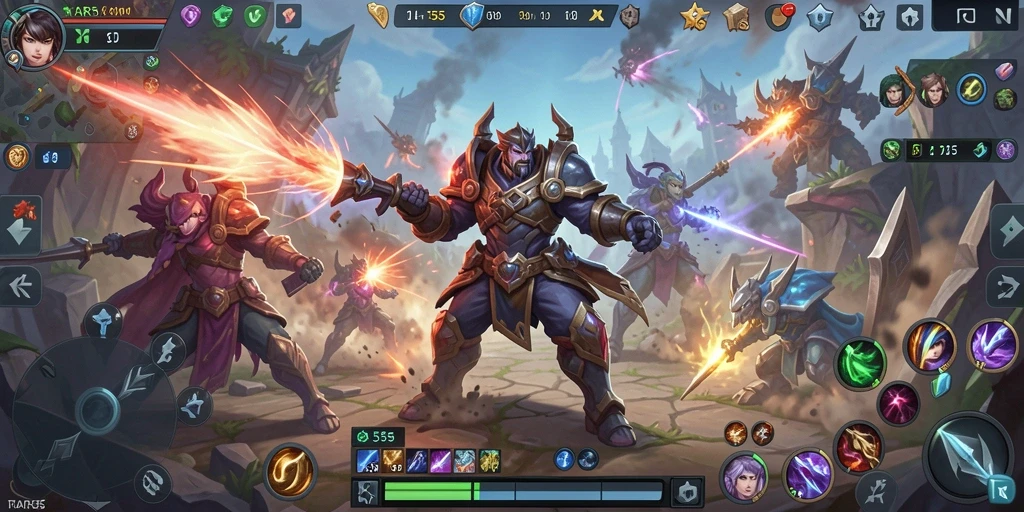 Screenshot gameplay utama TAR555 yang menampilkan pertempuran seru dalam arena MOBA.